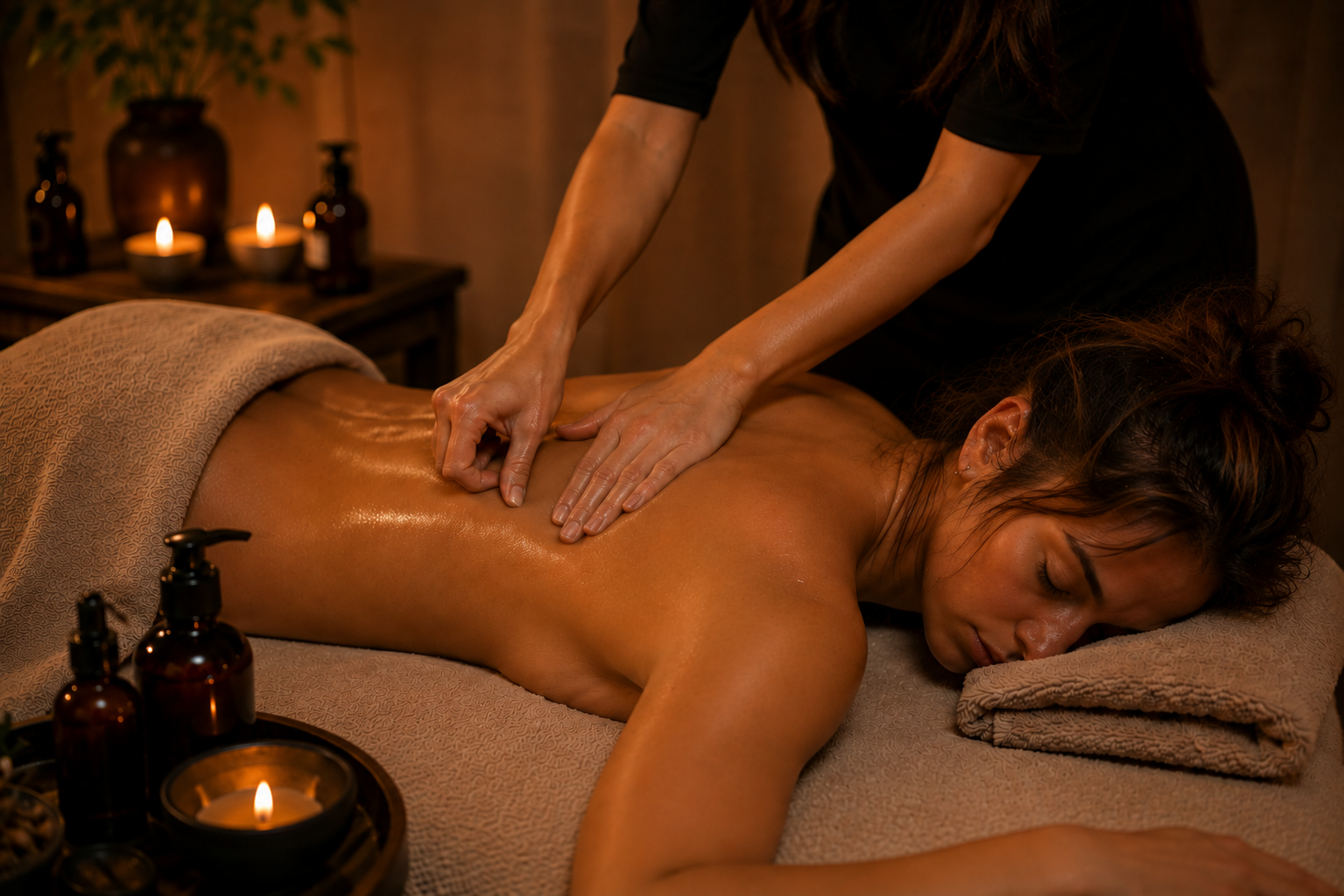 A woman lying face down on a massage table draped in cream linen while a therapist's hands work along her back