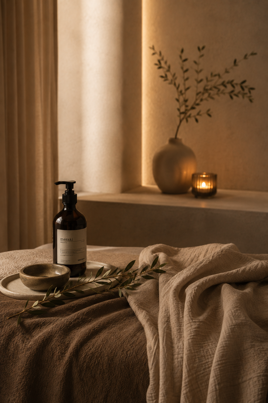 Massage oil, stone bowl and olive branch on soft linen in warm candlelight