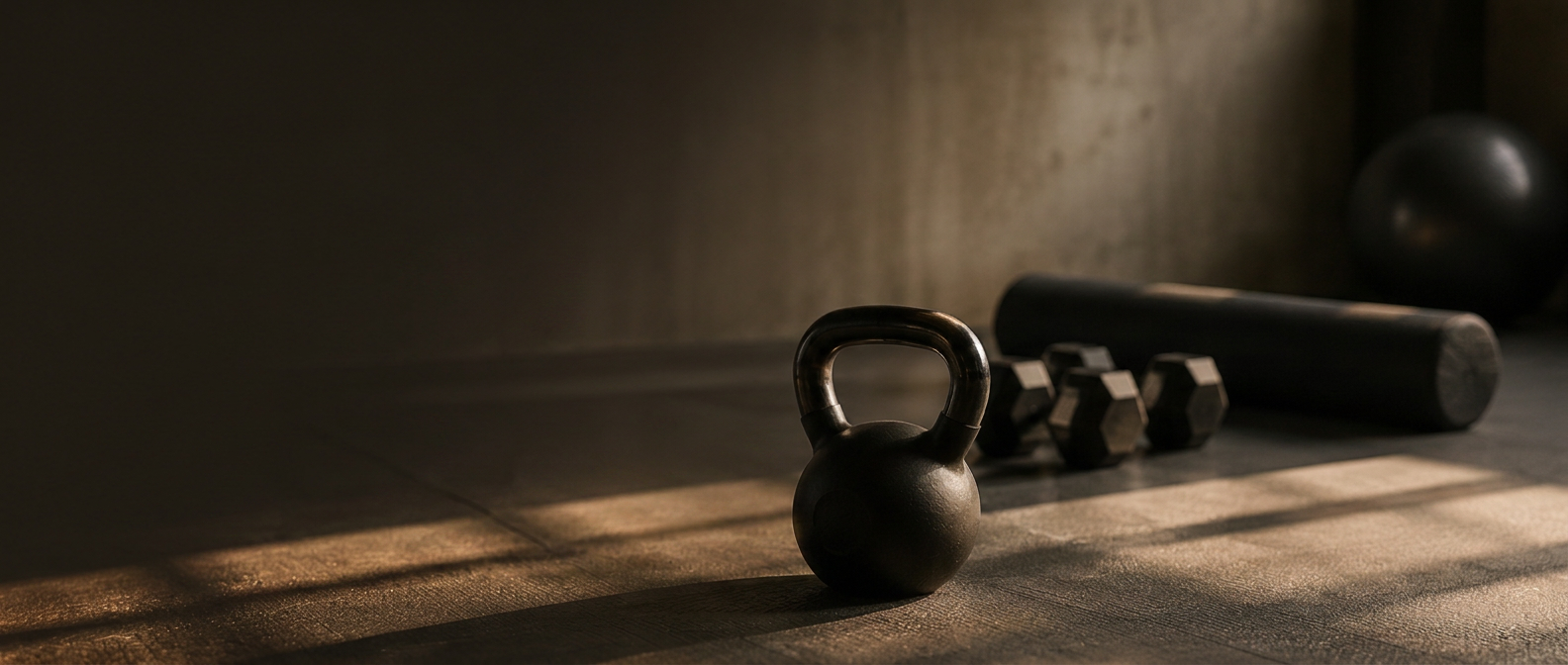 Kettlebell, dumbbells and foam roller on a dark gym floor in warm directional light