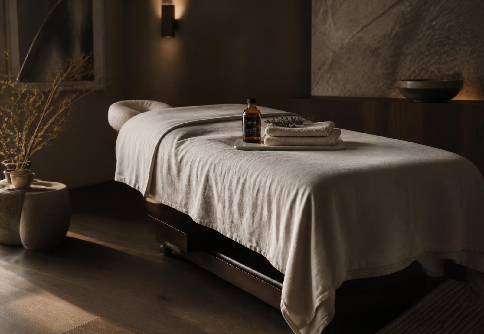 Heated treatment table draped in linen with warm massage oil in soft light